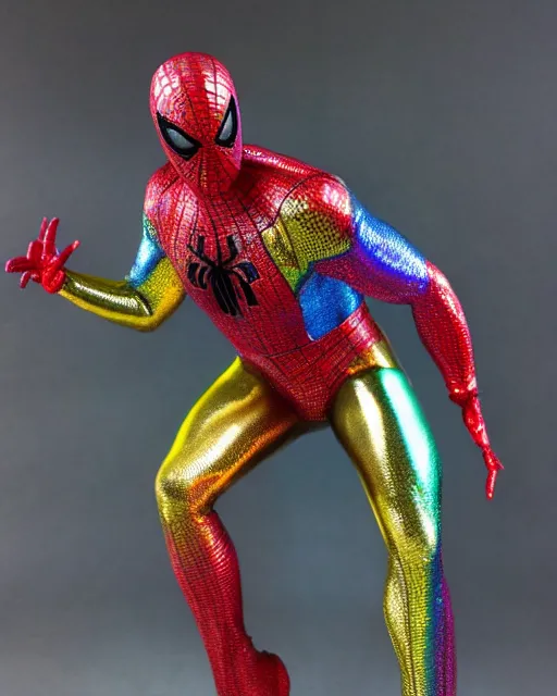 Image similar to rainbow metallic spider - man suit, action shot