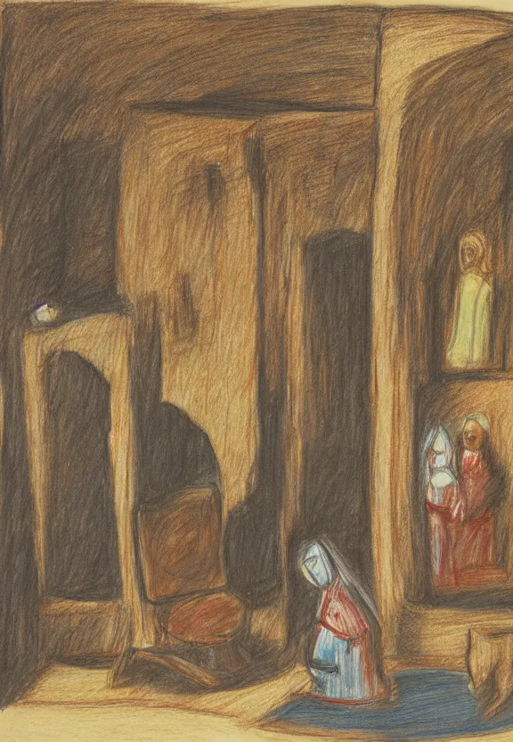 Prompt: Las Meninas drawn by an eight year old, colored pencils on paper