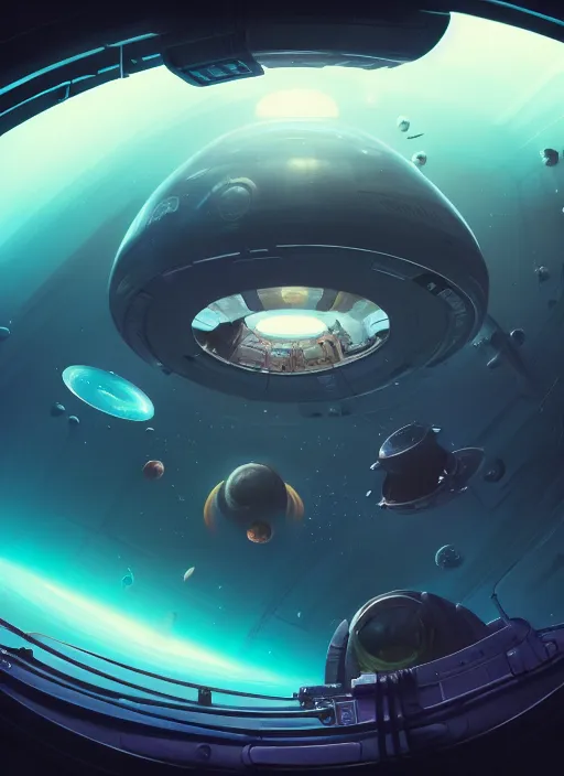 Prompt: subsurface scattering, interior of a space ship with a giant window presenting a view on a black hole, vibrant colors, artgerm, jesper ejsing, james jean, justin gerard, cgsociety, makoto shinkai, highly detailed, octane render, rim light, art, cinematic lighting, very coherent, hyper realism, 8 k