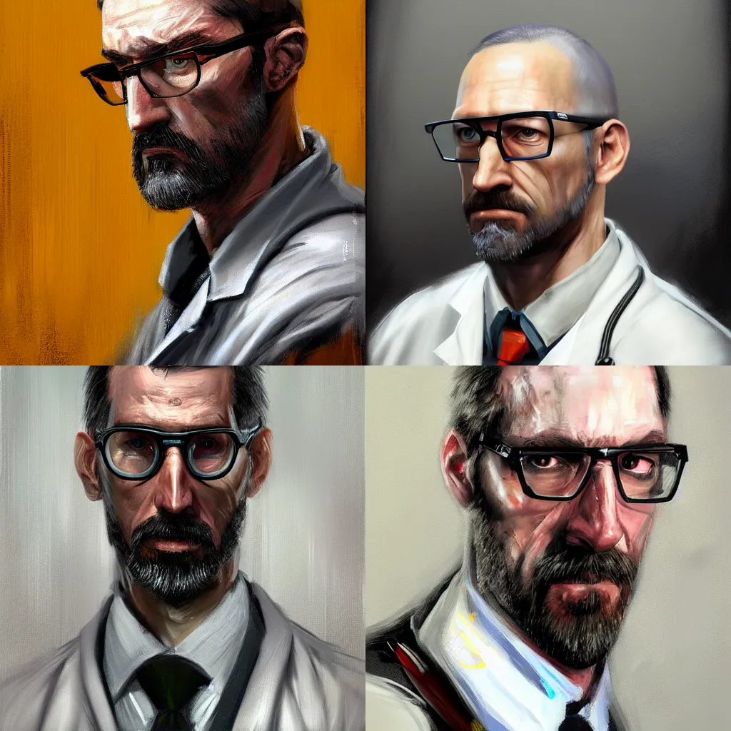 Prompt: A hyperdetailed digital oil portrait painting of Gordon Freeman in a lab coat. Painted in the style of Guy Denning and Ruan Jia. Trending on ArtStation and DeviantArt. Digital art.