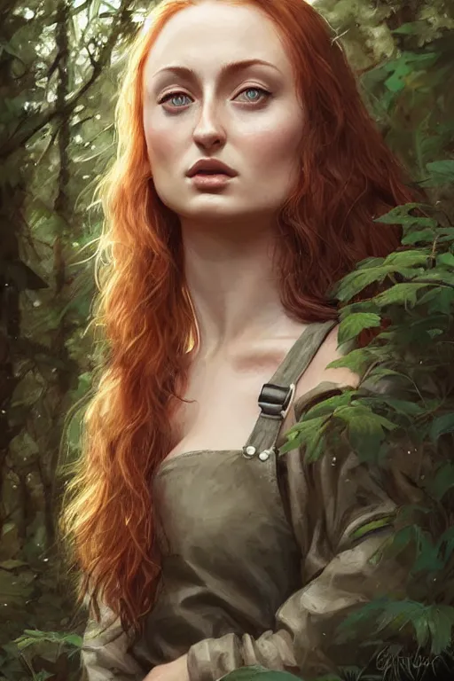 Image similar to woman, Sophie Turner, portrait, highly detailed, digital painting, artstation, summer forest background, concept art, sharp focus, illustration, overalls, long curly brown hair, art by artgerm and greg rutkowski and magali villeneuve