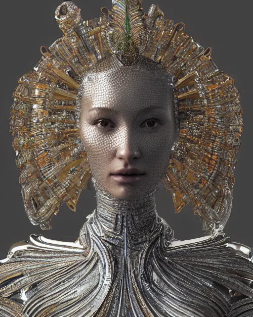 Image similar to a highly detailed metahuman 4 k close up render of an alien goddess bella hadid monument in iris van herpen armor schiaparelli in diamonds crystals swarovski and jewelry iridescent in style of alphonse mucha gustav klimt trending on artstation made in unreal engine 4