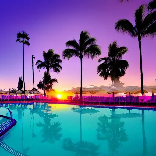 Image similar to hotel california, motel, swimmingpool, sunset, palms, beach, sunset, vaporwave, pink, blue, green, purple, aesthetic.