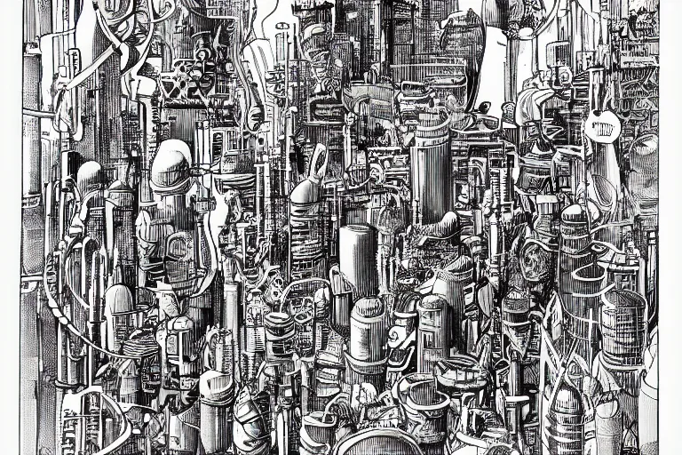 Image similar to an elaborate penned child illustration of an intricate connected city of tubes and pipes, by martin handford and by jan van haasteren and by simon bisley and by jack kirby