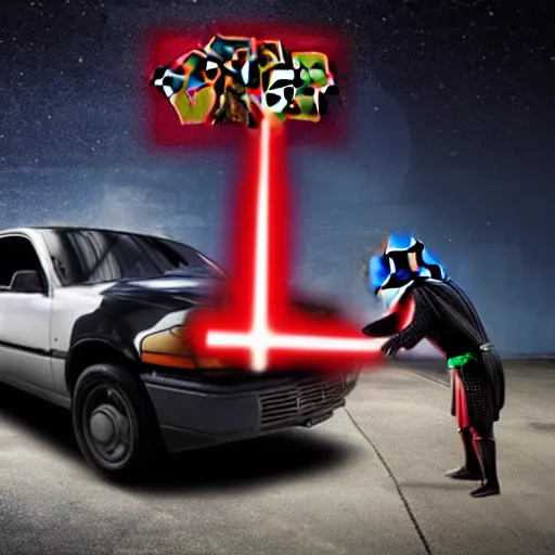 Image similar to darth vader throw food on a car