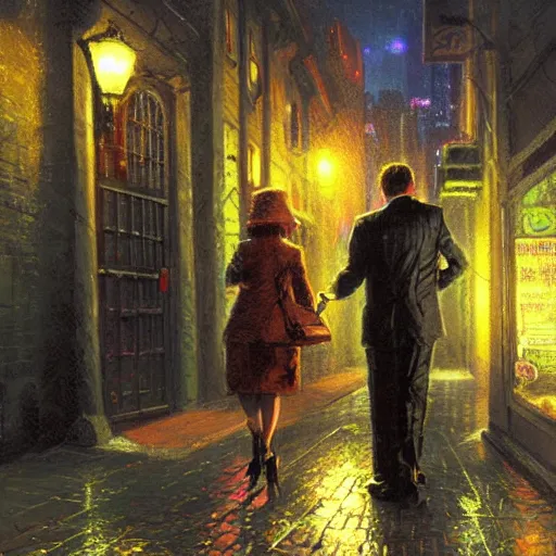 Prompt: two secret agents meeting in an alleyway, detailed illustration by thomas kinkade, cyberpunk, nighttime, streetlight