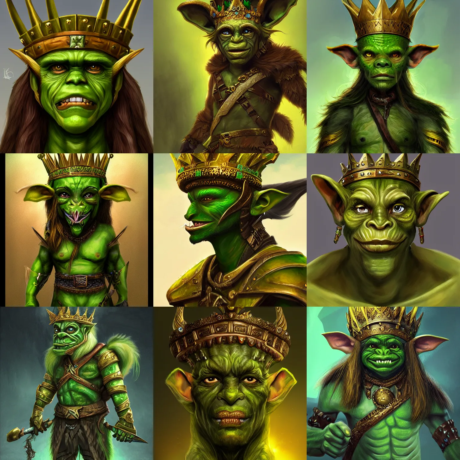 Image similar to half - length portrait of a goblin warrior. green skin, gold crown. fantasy, digital painting, hd, detailed.
