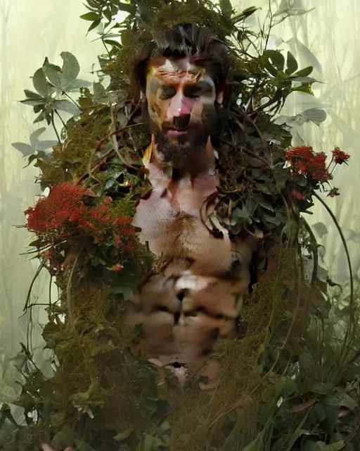 Image similar to god of the forest, 3 0 years old, rugged, male, gorgeous, detailed face, flowers, amazing, muscular, intricate, highly detailed, digital painting, artstation, concept art, sharp focus, illustration, art by greg rutkowski and alphonse mucha