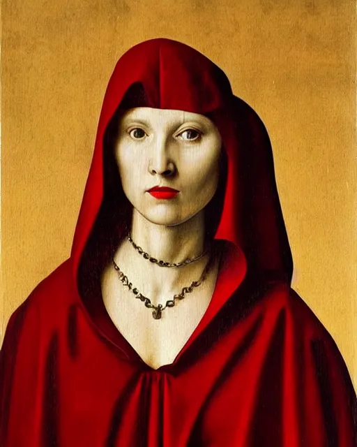 Prompt: a painting of a woman in a red cloak, a flemish baroque by antonello da messina, behance, pre - raphaelitism, da vinci, pre - raphaelite, dutch golden age