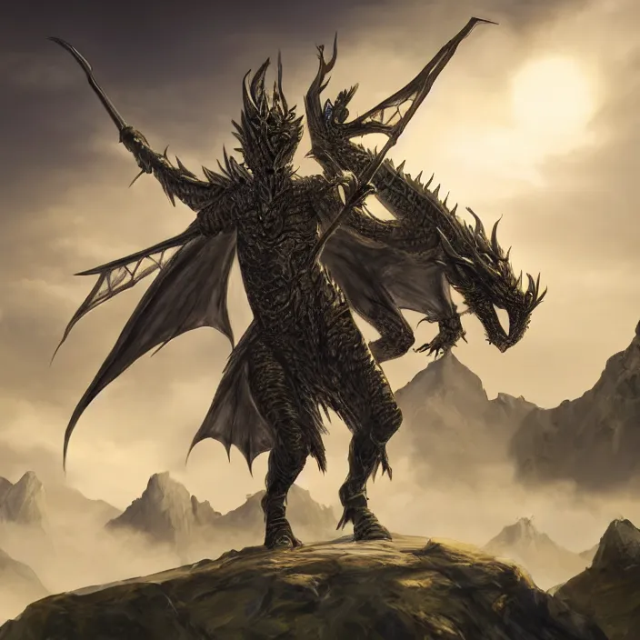 Image similar to photorealistic concept fantasy art of a dragon warlock, in a suit of dragon chain armor, raising his sword on a hill, dynamic lighting, sun ray, ray tracing, hyper realism