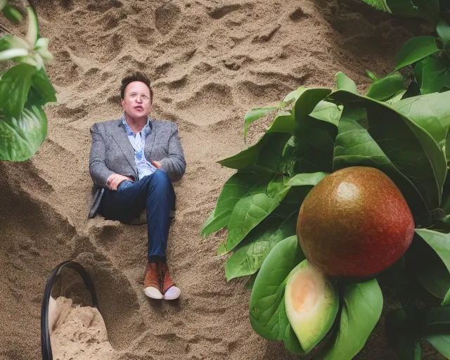 Image similar to 8 5 mm photography of elon musk as an avocado near a garden with sand with dof and bokeh and flowers