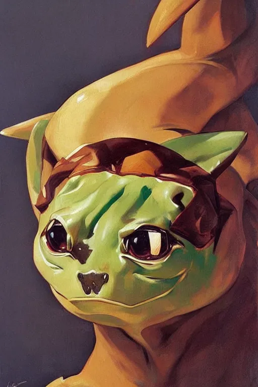 Image similar to bulbasaur, painting by jc leyendecker!! phil hale!, angular, brush strokes, painterly, vintage, crisp