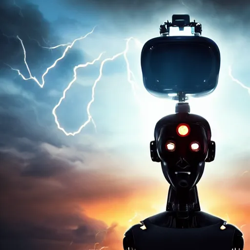 Image similar to movie scene of a man with a robot head, movie still, cinematic composition, cinematic lightning,