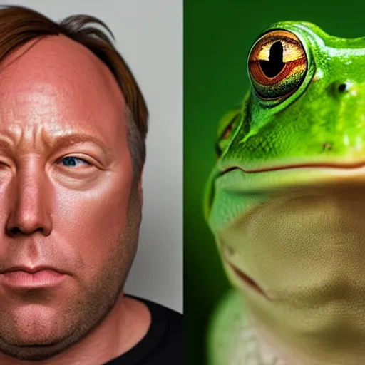 Image similar to hyperrealistic mixed media image of ( info wars alex jones ), frog face, stunning 3 d render inspired art by xiang duan and thomas eakes, perfect facial symmetry, hyper realistic texture, realistic, highly detailed attributes and atmosphere, dim volumetric cinematic lighting, 8 k octane detailed render, post - processing, masterpiece,