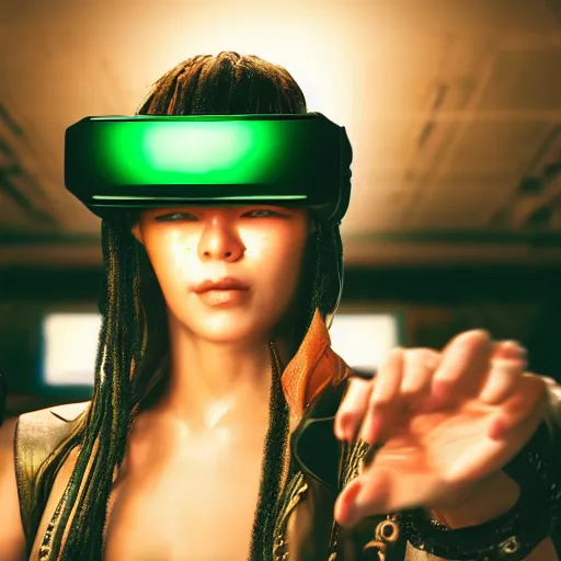 Prompt: a high quality portrait of a beautiful stunning pirate in a cyberpunk cyberpunk cyberpunk cafe wearing a green VR visor realism 8k award winning photo