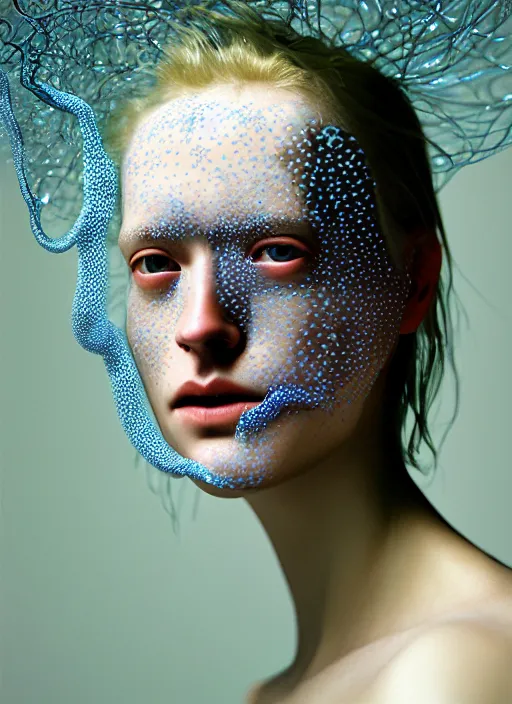 Prompt: Kodak Portra 400, highly detailed, britt marling style 3/4 , fine art portrait photography by Paolo Roversi, face and body merging with luminescent jellyfishes filaments, symbolic metamorphosis complex 3d render , 150 mm lens, bust with intricate filaments details, elegant, hyper realistic, ultra detailed, octane render, underwater soft colours, emotionally evoking, head in focus, fantasy, elegant, soft light, volumetric lighting, highly detailed, 8K, soft light, volumetric lighting, Refined, Highly Detailed, soft lighting colors scheme, fine art photography, Hyper realistic, photo realistic