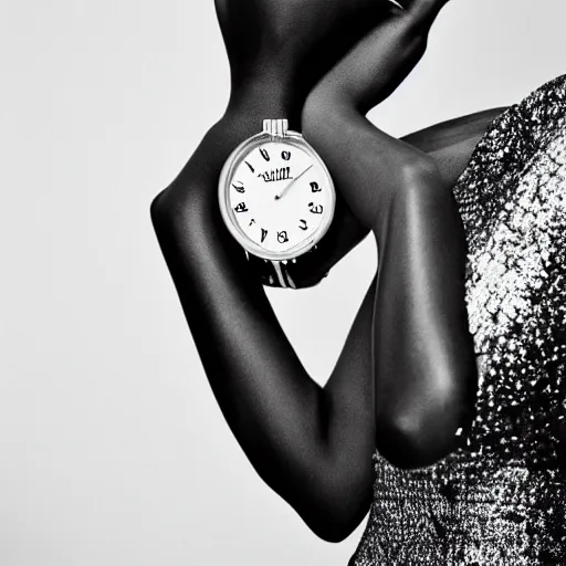 Prompt: a fashion photo of an elegant young woman modelling a jewelled watch. A black woman in a white dress. Hasselblad. Medium format photography. Sharp focus.