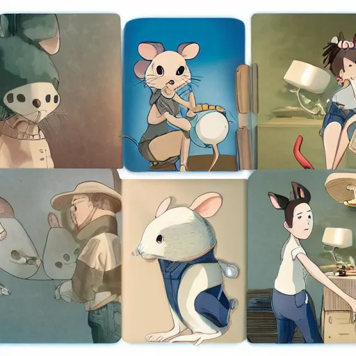 Image similar to in the style of studio ghibli, anthropomorphic mouse, female, wearing denim shorts and tank top, detailed, intricate, aesthetic, artistic, ambient occlusion, volumetric light effect