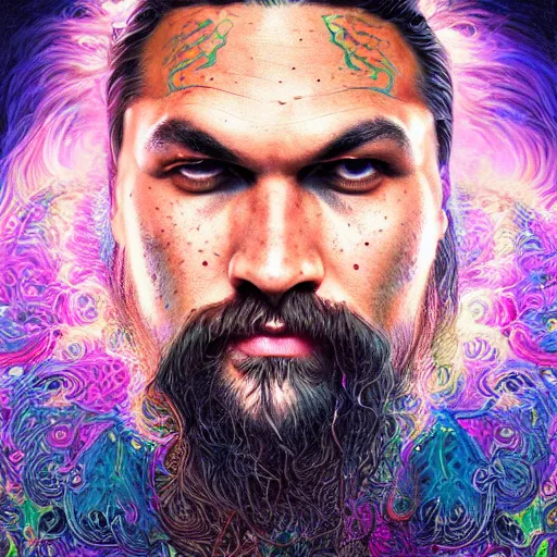 Image similar to portrait of jason momoa, hyper detailed masterpiece, neon floral pattern, jean giraud, digital art painting, darkwave goth aesthetic, psychedelic, artgerm, donato giancola and tom bagshaw