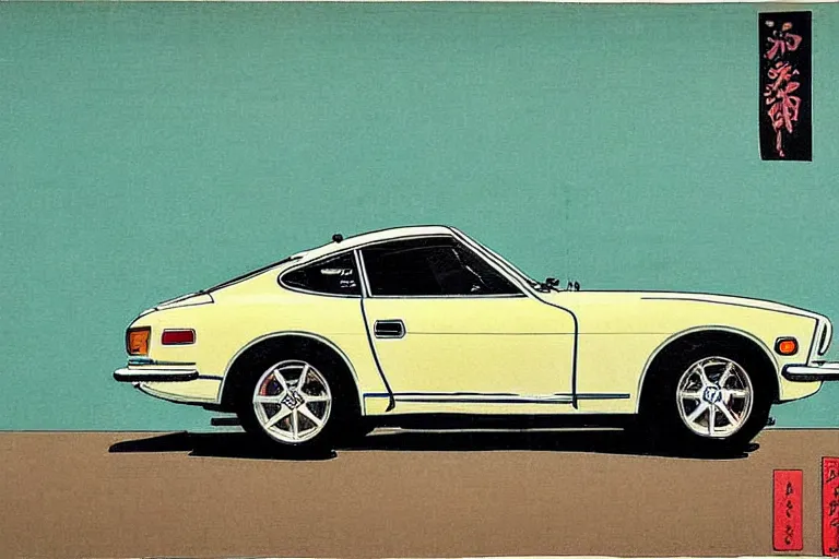 Image similar to ukiyo - e painting of a 1 9 7 5 datsun 2 4 0 z