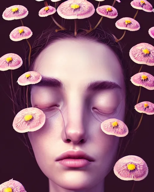 Image similar to a digital portrait of a beautiful sad woman with flowers and fungus growing out of her head and eyes, intricate, sharp focus, digital illustration, highly detailed, octane render, digital painting, matte, art by professional artist