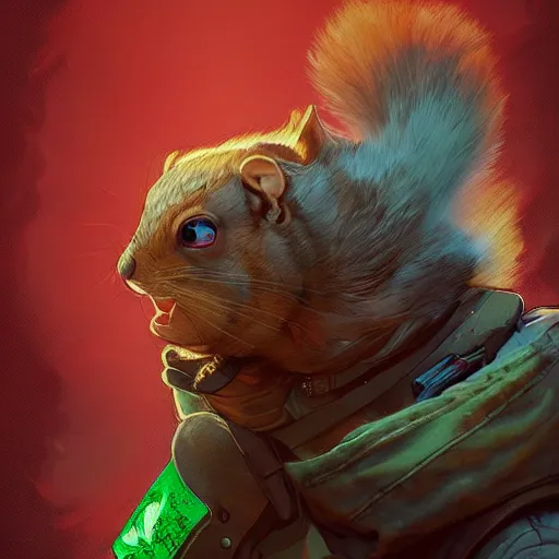 Image similar to grumpy squirrel as apex legends character, digital illustration portrait design, by android jones and greg rutkowski, retrowave color scheme, detailed, cinematic lighting, wide angle action dynamic portrait