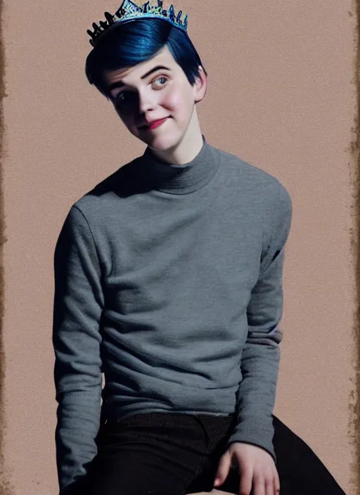 Image similar to portrait of teenage jughead jones wearing a light grey crown, crown, blue turtleneck, 1 9 5 0 s, closed eyes, photorealistic, black hair, glowing lighting, intricate, elegant, glowing lights, highly detailed, digital painting, artstation, concept art, smooth, sharp focus, illustration, art by wlop, mars ravelo and greg rutkowski