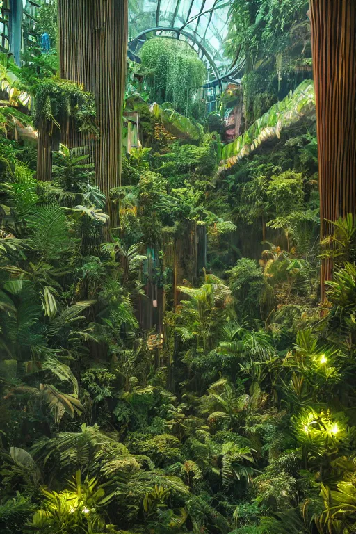 Prompt: a hyper-liminal rendering of biophilic architecture by Christopher Balaskas, intricate stain glass, lush indoor rainforest, cinematic lighting. cinestill, octane 3d render.