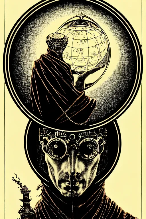 Prompt: cloaked steampunk wizard gazing into a crystal ball, high details, intricately detailed, by vincent di fate, inking, 3 color screen print, masterpiece, trending on artstation,, sharp, details, hyper - detailed, hd, 4 k, 8 k