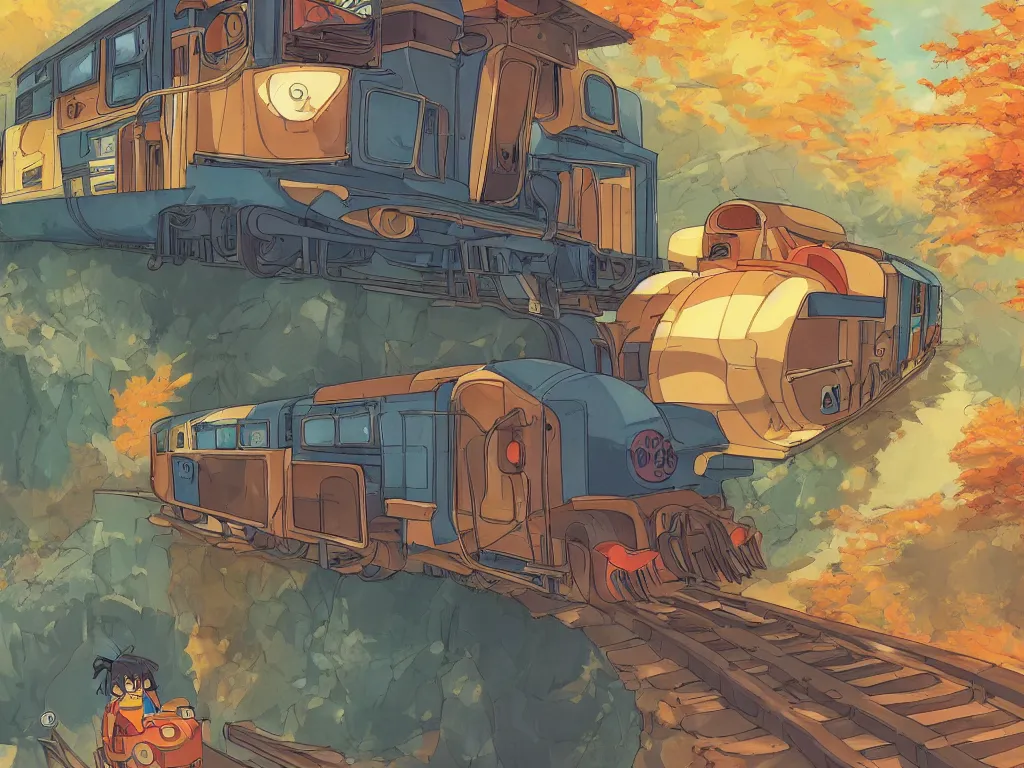 Prompt: longitudinal cut sideview of a anime train, autumn light, colorful, nausicaa of the valley of the wind, beautiful, by studio ghibli, digital art, concept art, manga, cute and adorable, illustration