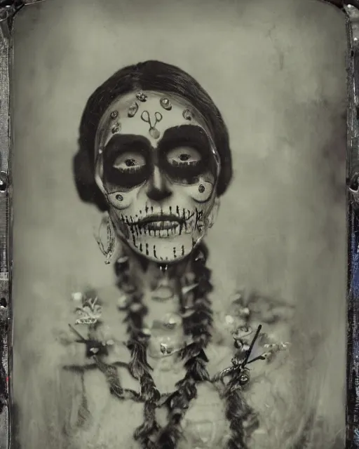 Image similar to tintype virgin mary dressed in dia de muertos makeup high quality photo, microchip, artificial intelligence, bio - mechanical bio - luminescence, black wired cables, neurons, nerve cells, cinematic, rim light, photo - realistic, high detail, 8 k, masterpiece, high fashion, in the style of steven meisel dora maar h. r. giger