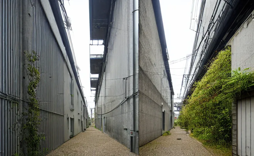 Prompt: industrial buildings surrounded by undergrowth by asano takeji