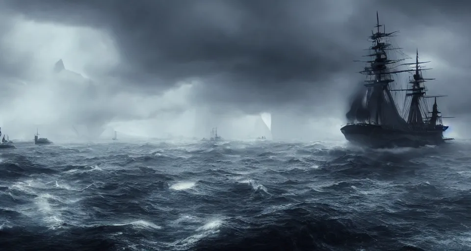 Prompt: battleship as tall as a mountain with huge sails, raging sea foggy, dramatic, action scene, stormy background, shipfleet on the horizon, high detail, unreal engine, octane render, 8 k high definition, photorealistic