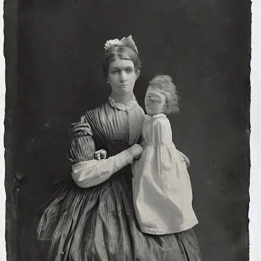 Prompt: portrait of a life size victorian female robot standing in with a human child in her care, 8 k, soft lighting, highly detailed realistic, face in focus 1 8 9 0's photography