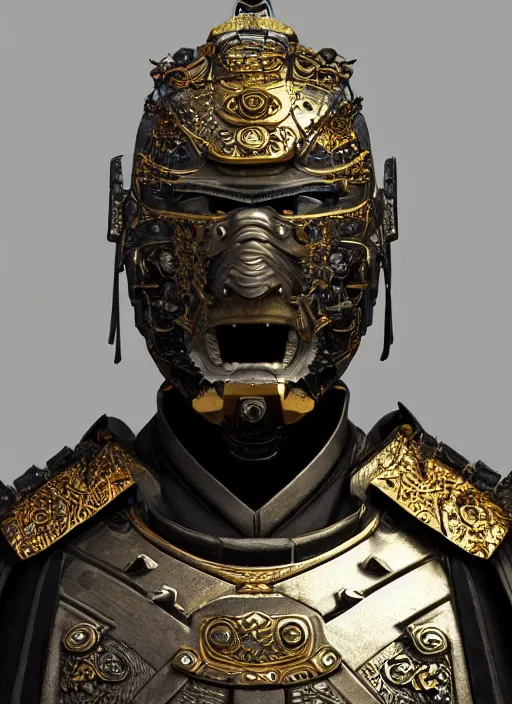 Image similar to hyper realistic glorious ancient samurai in a obsidian metal armor, futuristic design, designed by makoto kobayashi and luca zampriolo, portrait, cyberpunk style, wood and gold details, intricate, extremely detailed, ornate, deep of field, hard surface, exoskeleton, substance designer metal unreal engine. amazing likeness. very detailed.