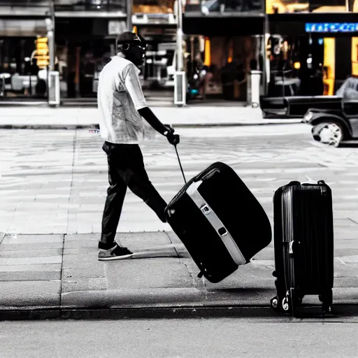 Prompt: a black man wearing sunglasses and rolling a luggage across a sidewalk in a busy city, street photography, dslr, 70mm