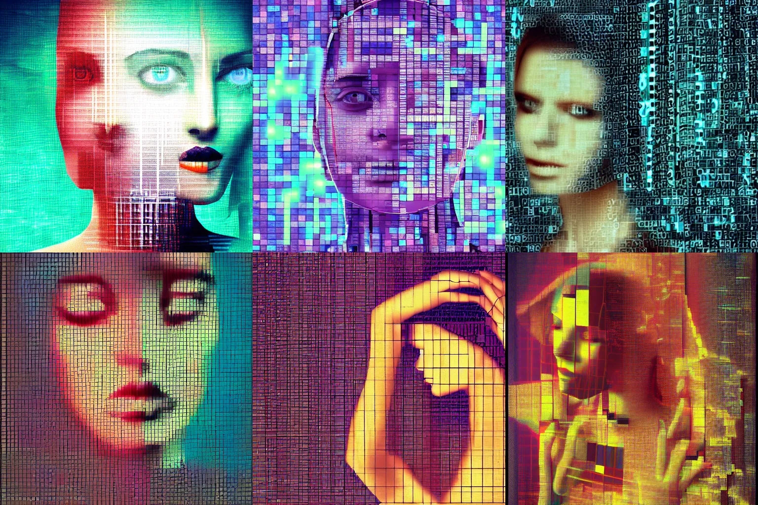 Prompt: woman and machine becoming one, glitchart