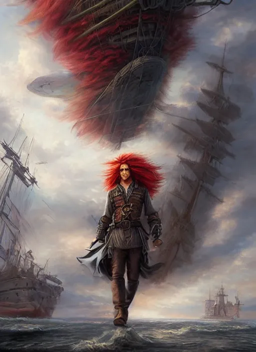 Prompt: a portrait of a long haired, red headed male sky - pirate in front of an airship, intricate, elegant, highly detailed, digital painting, trending on artstation, concept art, smooth sharp focus, illustration, art by artgerm and greg rutkowski