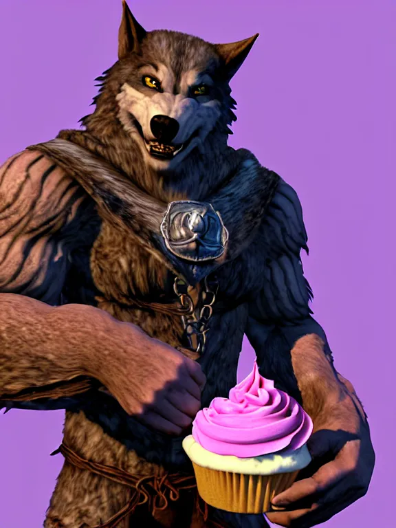 Image similar to cute handsome cuddly burly surly relaxed calm timid werewolf from van helsing holding a cute cupcake with pink frosting unreal engine hyperreallistic render 8k character concept art masterpiece screenshot from the video game the Elder Scrolls V: Skyrim