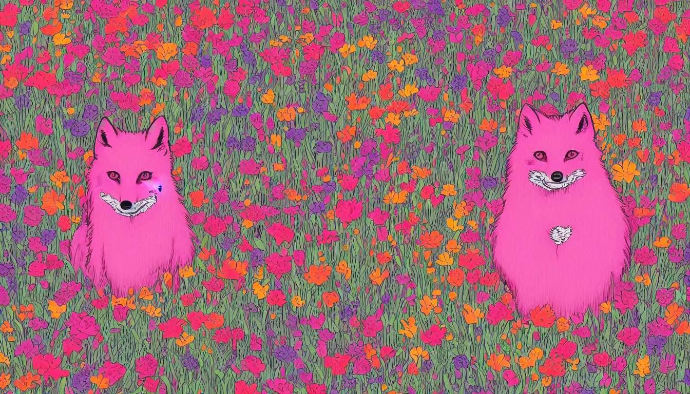 Image similar to pink fox head popping out of a field of multi colored flowers by Kilian Eng