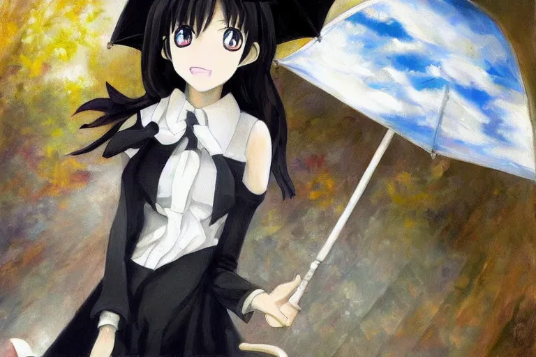 Prompt: mayuri shiina from steins gate, beautiful anime, oil painting, holding a umbrella