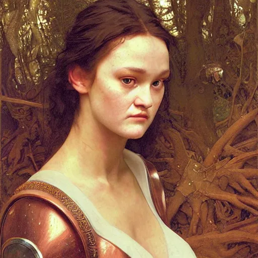 Image similar to a detailed, beautiful portrait oil painting of someone who looks a 1 8 - year old keisha castle hughes and gemma ward, with a hurt expression, wearing intricate, etched copper armor in an ancient forest, by donato giancola, john williams waterhouse, and william adolphe bouguereau