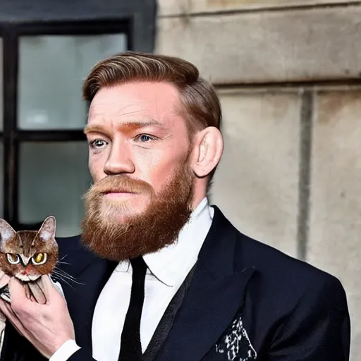 Prompt: mcgregor is dressed as a gentleman at early 2 0 th century paris. he is having a coffee at the banks of river seine. ewan mcgregor has a coffee cup on his hand. next to him is a small brown cat with yellow glowing eyes