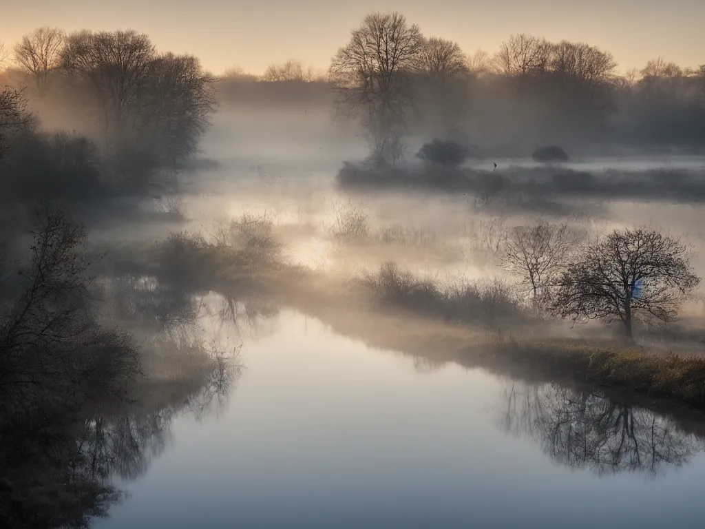 Prompt: A landscape photo taken by Kai Hornung of a river at dawn, misty, early morning sunlight, cold, chilly, two swans swim by, rural, English countryside