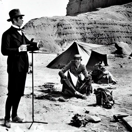 Image similar to English gentleman silent movie star performs monologue to archaeologist expedition audience at dig site in Egypt to distract them while his accomplishes sneak into expedition leader's tent. set in 1920s