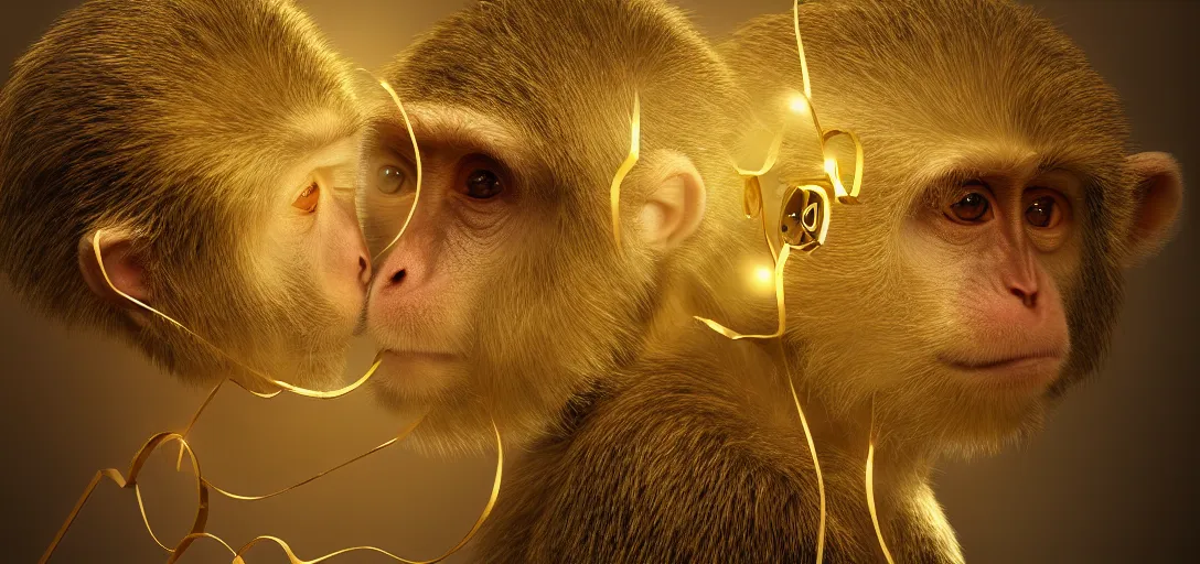 Prompt: two monkeys, playing with golden scissors, a big diamond, symmetrical, details, smooth, sharp focus, illustration, realistic, cinematic, artstation, gold, ornate, award winning, original modern artwork, rgb ethereal lighting, 8k