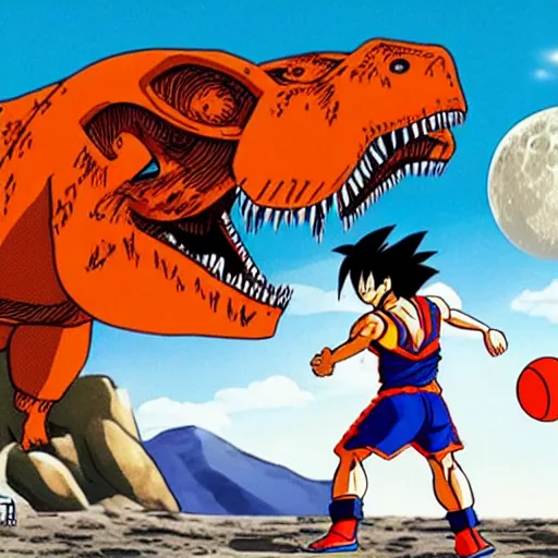 Image similar to son goku having a basketball match with a t - rex on the moon