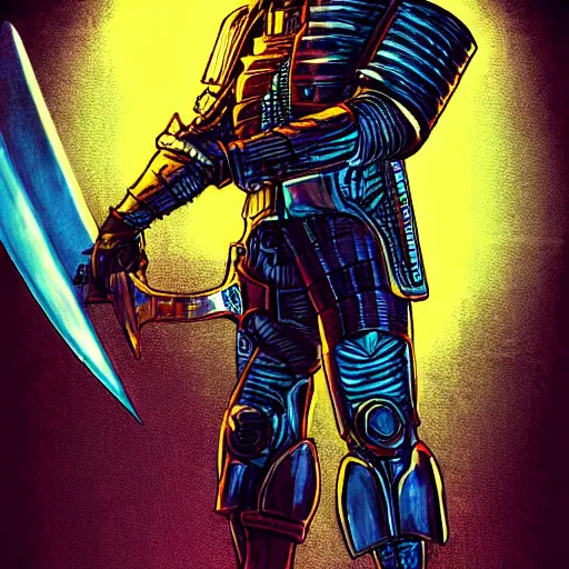 Prompt: a cyberpunk knight in heavy armor holding a large sword in a cyberpunk setting, comic book art, cyberpunk, art by stan lee,, colorful, bright high tech lights, dark, moody, dramatic, 8 0 s vibe, neon lines marvel comics, dc comics