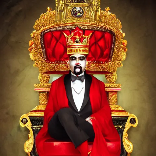 Image similar to the king of india sitting on a throne wearing a black suit and a red fez, detailed masculine face with red lips, black eyes and large forehead, detailed body, moody atmosphere, digital art, highly detailed, high contrast, beautiful lighting, award winning, trending on art station, photorealistic, 8 k,