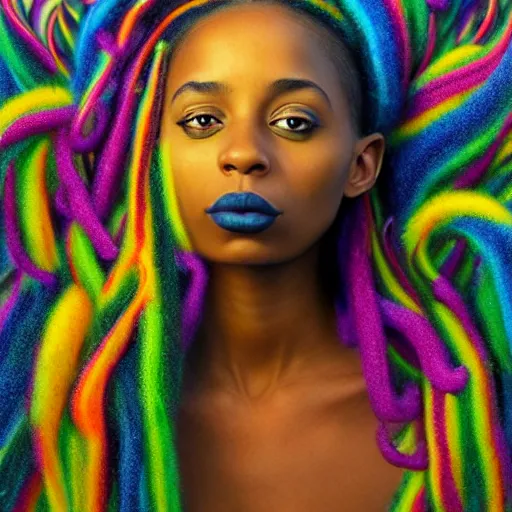 Image similar to a wide angle shot of a black girl with colorful dreadlocks in a field of candy, by Adi granov and afarin sajedi and amanda sage and evgeni gordiets and Agostino Arrivabene and adonna khare in a psychedelic portrait style, ultrarealistic matte painting, volumetric lighting, fractal, extremely symmetrical, highly detailed face, orisha, 8k, hd